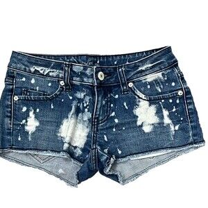 London Jeans Cutoff Shorts Women 2 Low Rise Distressed Bleach Splatter Y2K Vibe